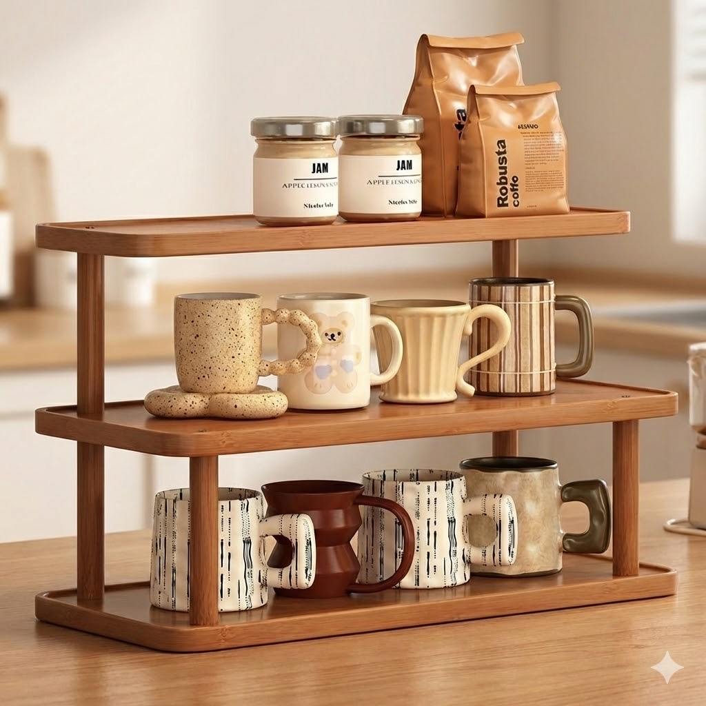 Three-Tier Wooden Mug & Storage Rack