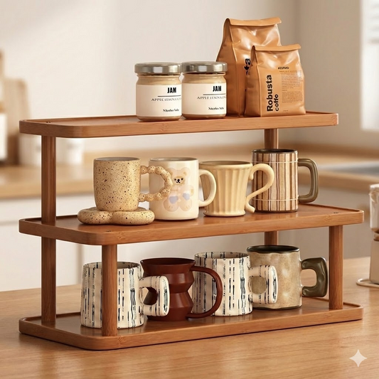 Three-Tier Wooden Mug & Storage Rack