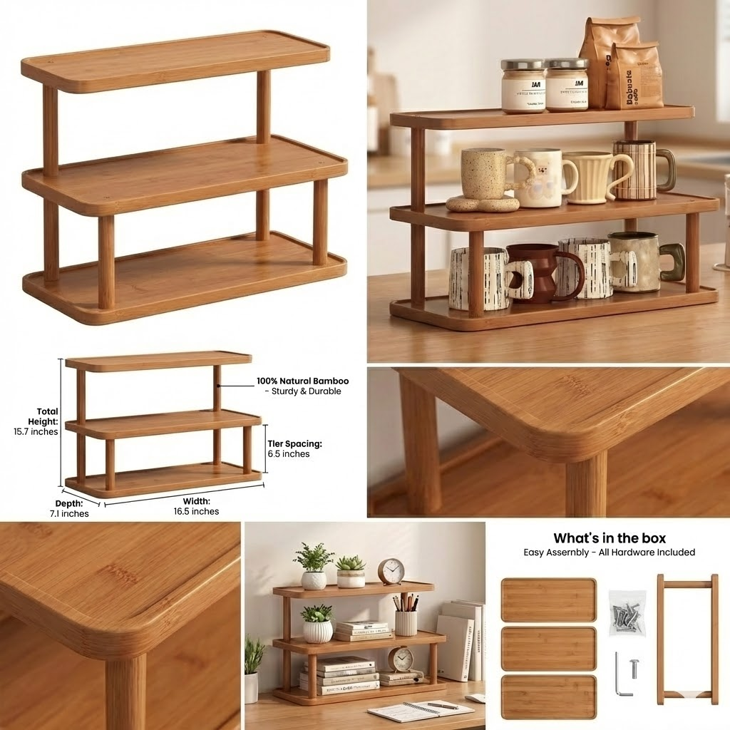 Three-Tier Wooden Mug & Storage Rack